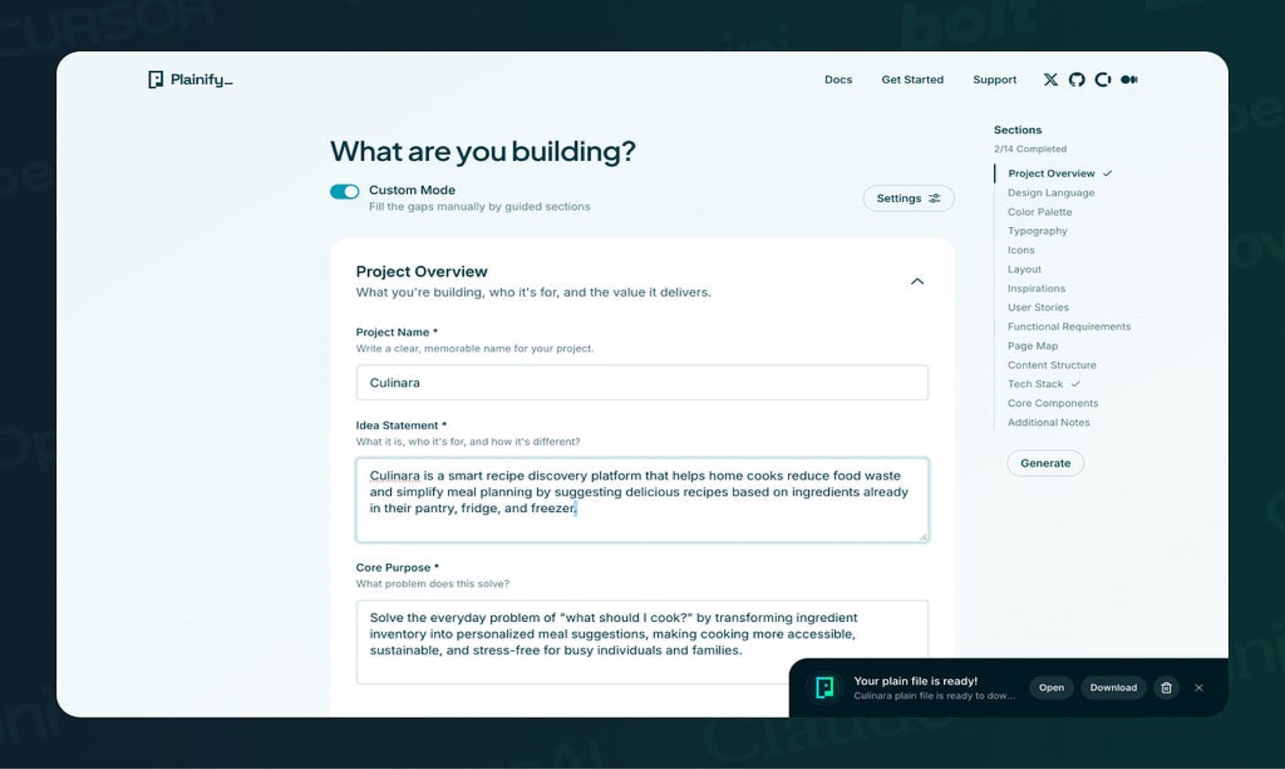 Custom Mode: walk through each section at your own pace, fill in the details, and generate your spec when you're ready.