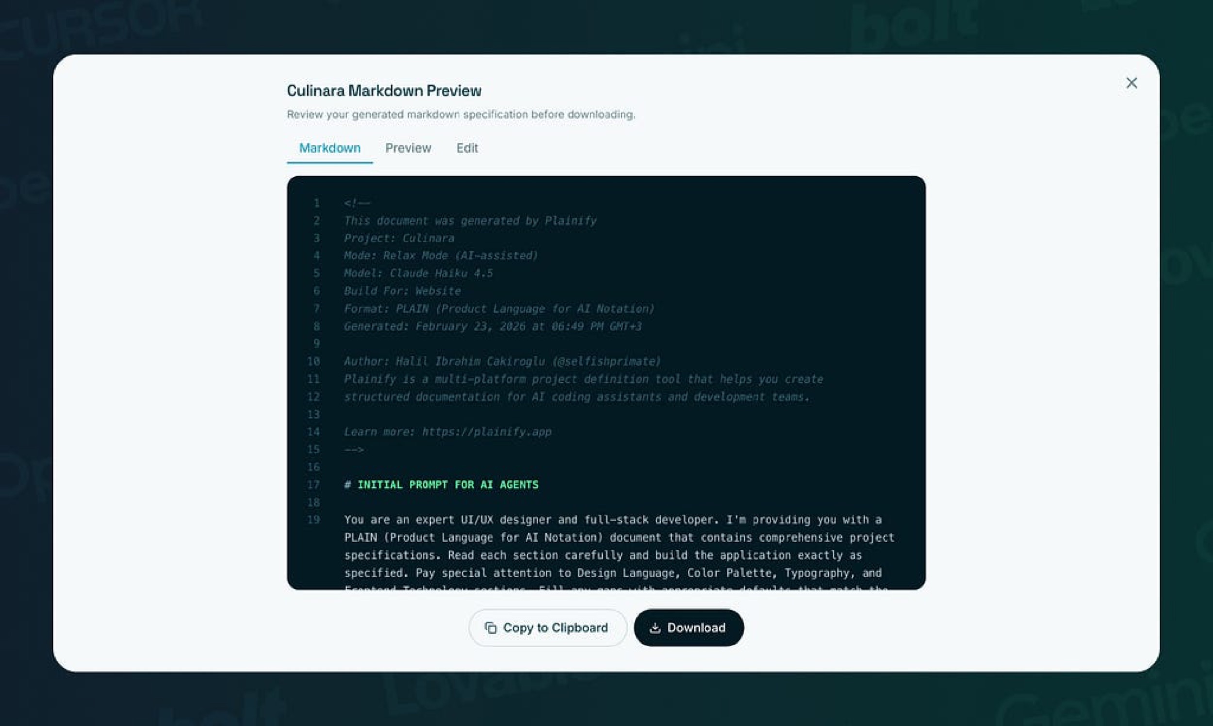 Preview, edit, copy, or download your generated spec. What you see is what your AI gets.